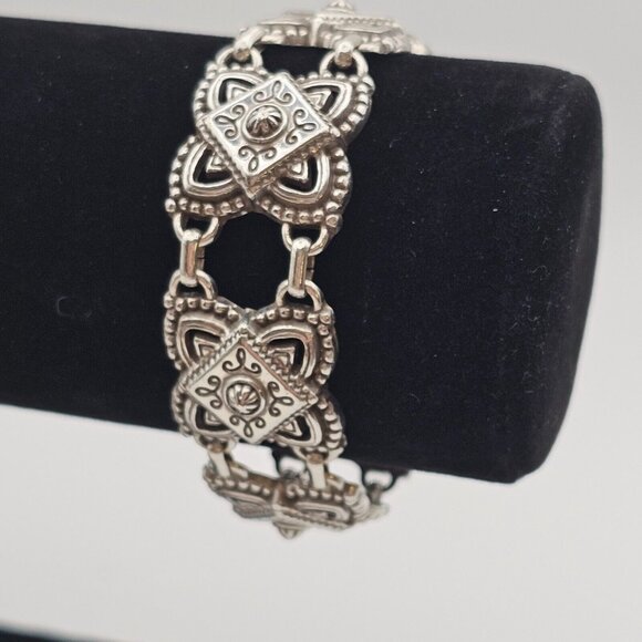 Brighton 7" Chunky Bracelet Medallion Panel Silver Tone Signed Vtg Raised Square - Picture 3 of 16
